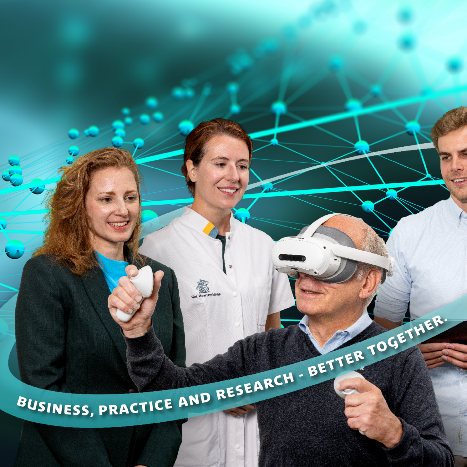 A smiling, elderly man with a VR headset, surrounded by a healthcare professional, a researcher and a student.