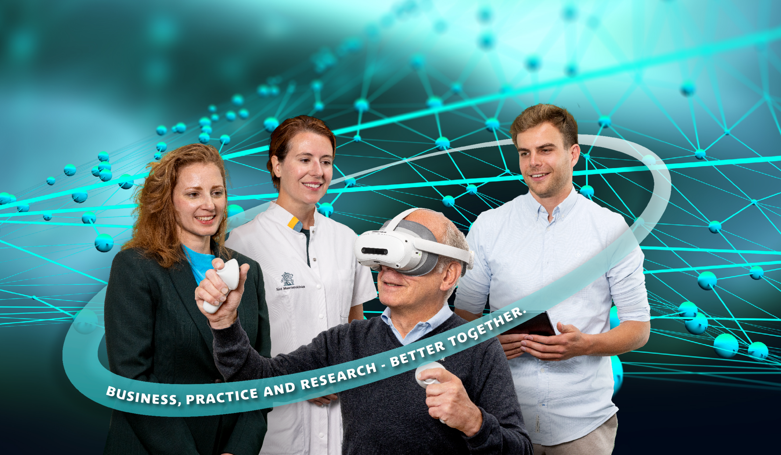 A smiling, elderly man with a VR headset, surrounded by a healthcare professional, a researcher and a student.